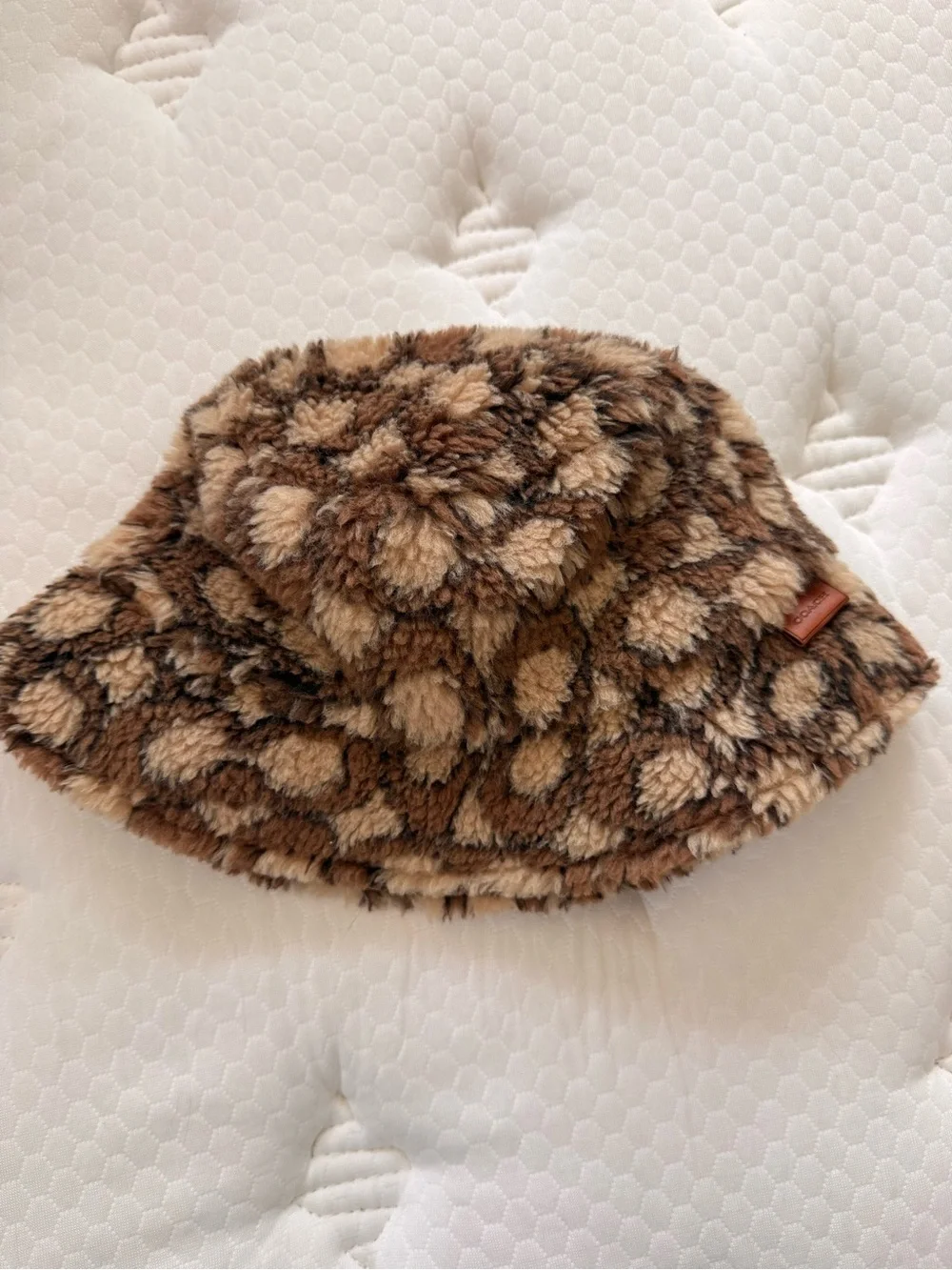 Coach Brown Signature Monogram Bucket Hat with Fur Trim